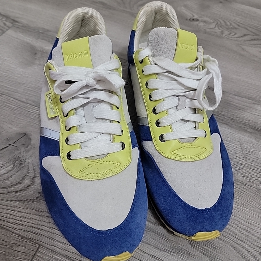 Just Cavalli White Sneaker with Blue and Neon Yellow Accents Size 12 EUC
